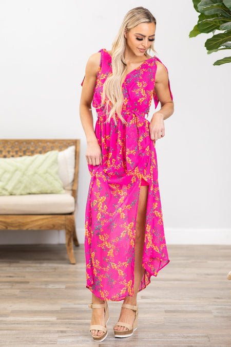 Hot Pink Floral Print Surplice Front Maxi Dress - Filly Flair