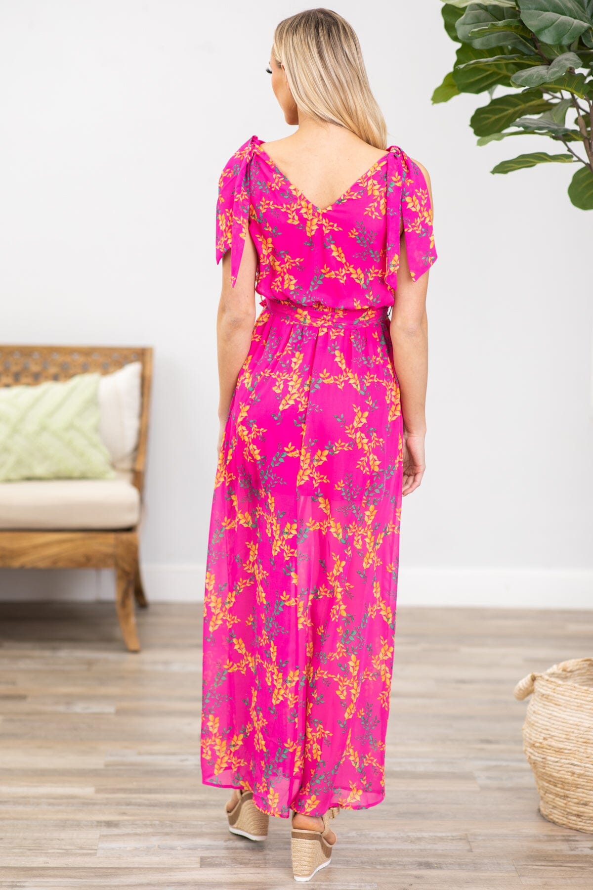 Hot Pink Floral Print Surplice Front Maxi Dress - Filly Flair