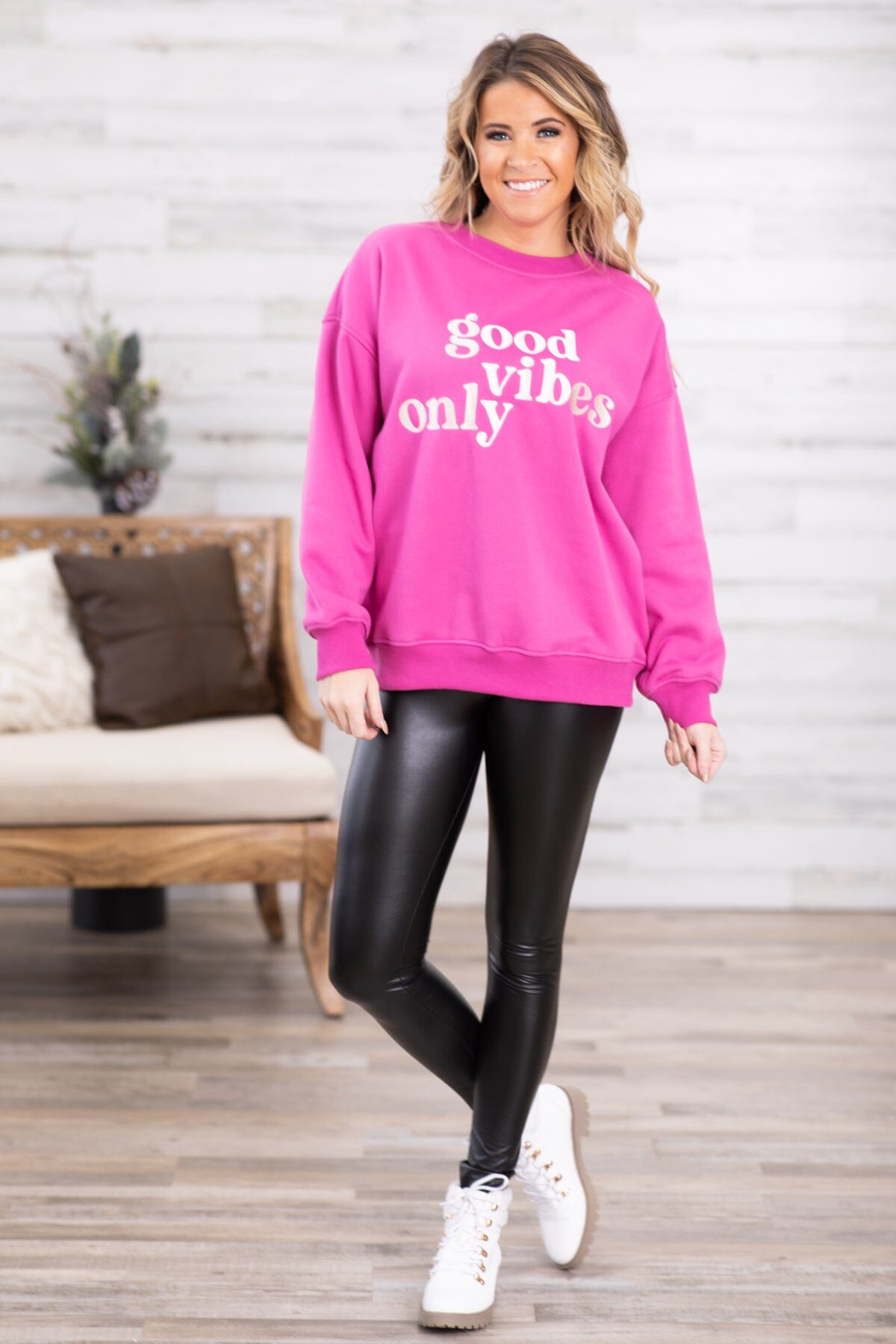 Hot Pink Good Vibes Only Graphic Sweatshirt - Filly Flair