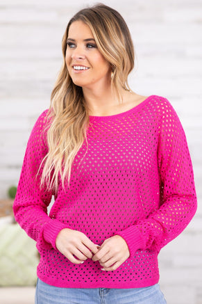 Hot Pink Open Knit Sweater - Filly Flair