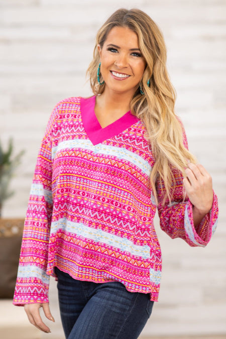 Hot Pink and Yellow Aztec Print-V-Neck Sweater - Filly Flair