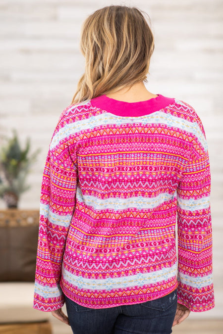 Hot Pink and Yellow Aztec Print-V-Neck Sweater - Filly Flair