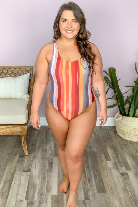 Red Vertical Stripe One Piece Swimsuit - Filly Flair