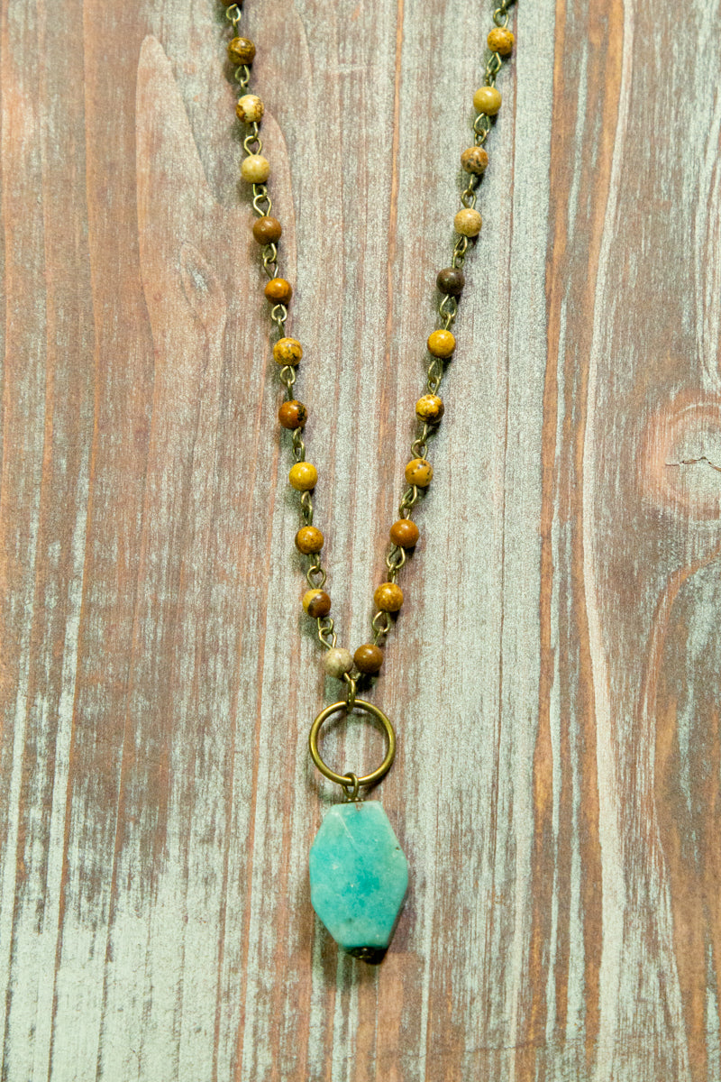 Tan Beaded Chain Turquoise Pendant Necklace · Filly Flair 3982