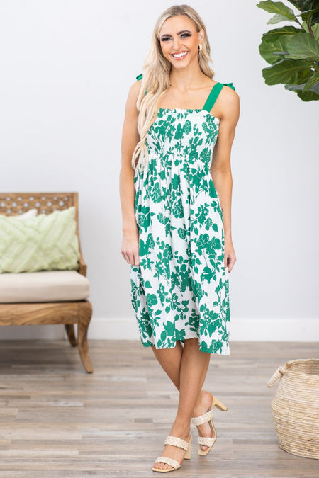 Jade and White Smocked Bodice Floral Dress - Filly Flair