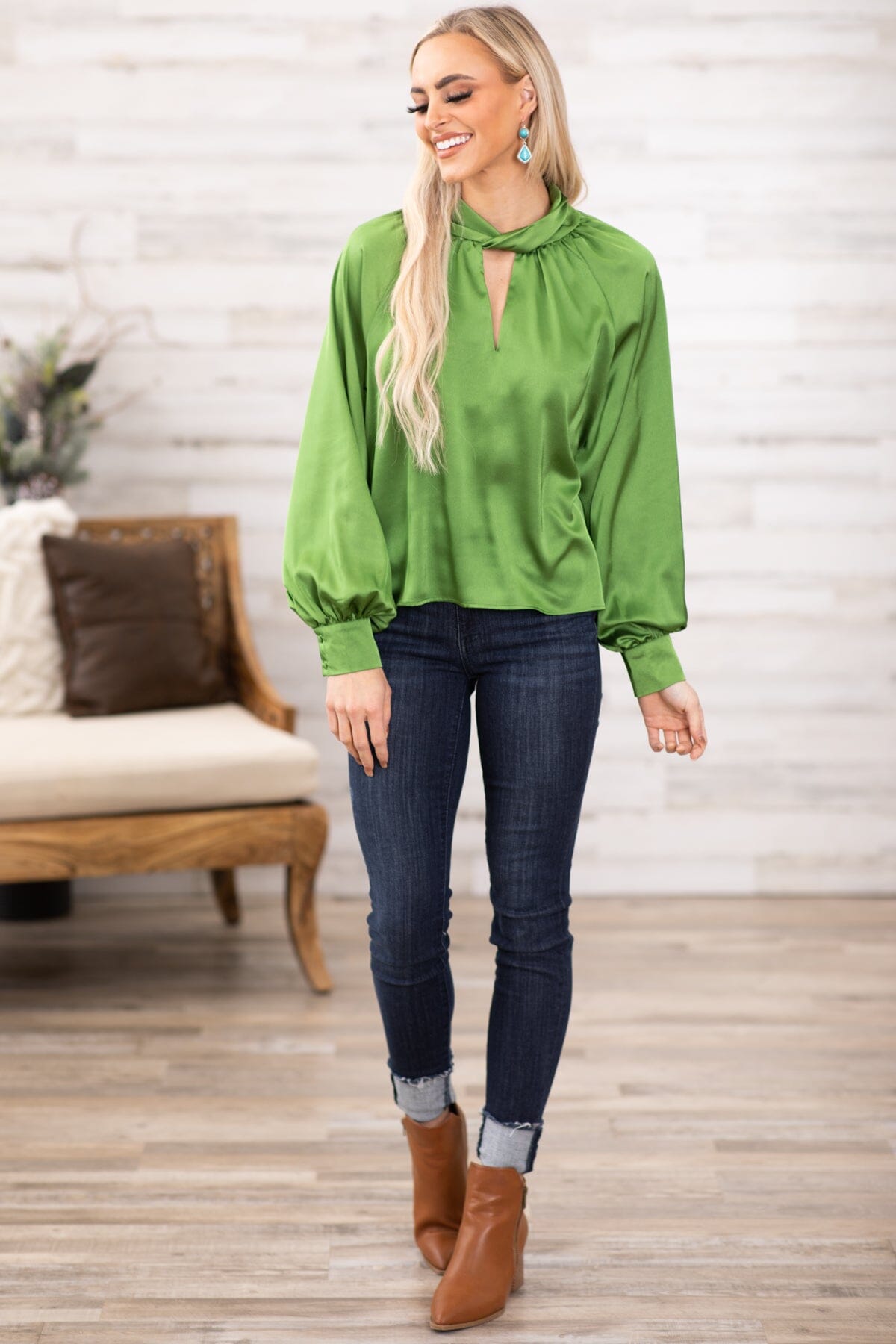 Kelly Green Mock Neck Top With Keyhole - Filly Flair