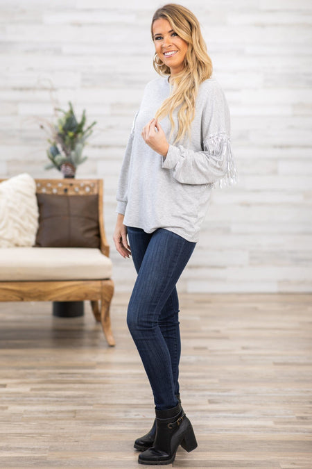 Light Grey Top With Silver Beaded Fringe - Filly Flair