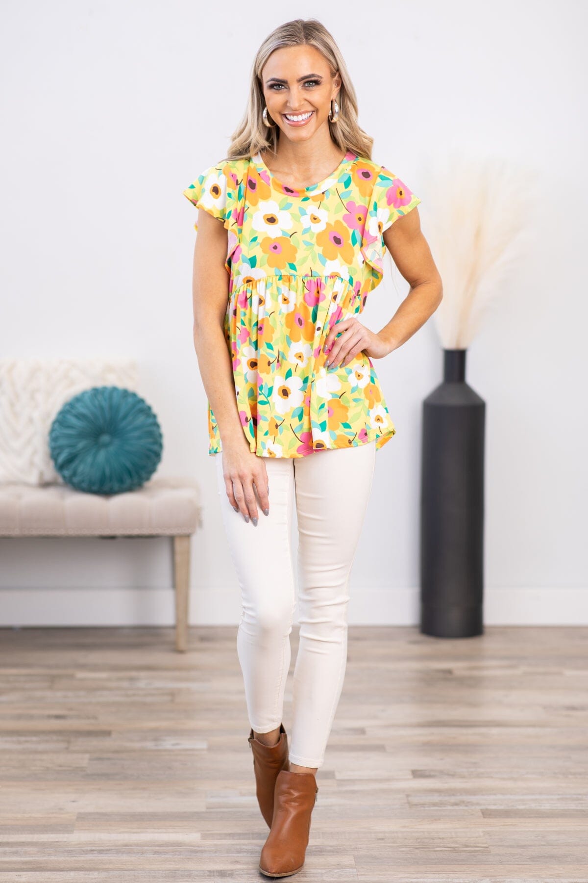 Yellow and Orange Floral Babydoll Top - Filly Flair