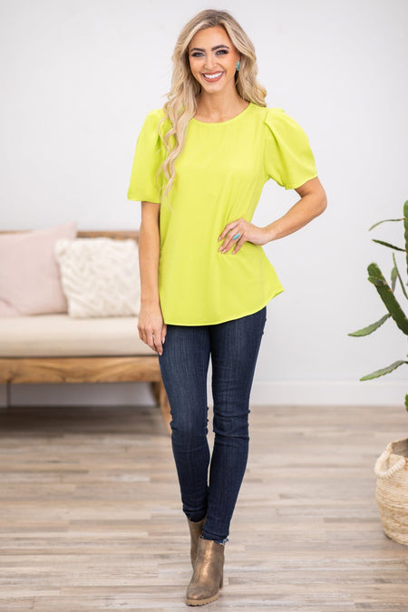 Neon Green Ruched Puff Sleeve Top - Filly Flair