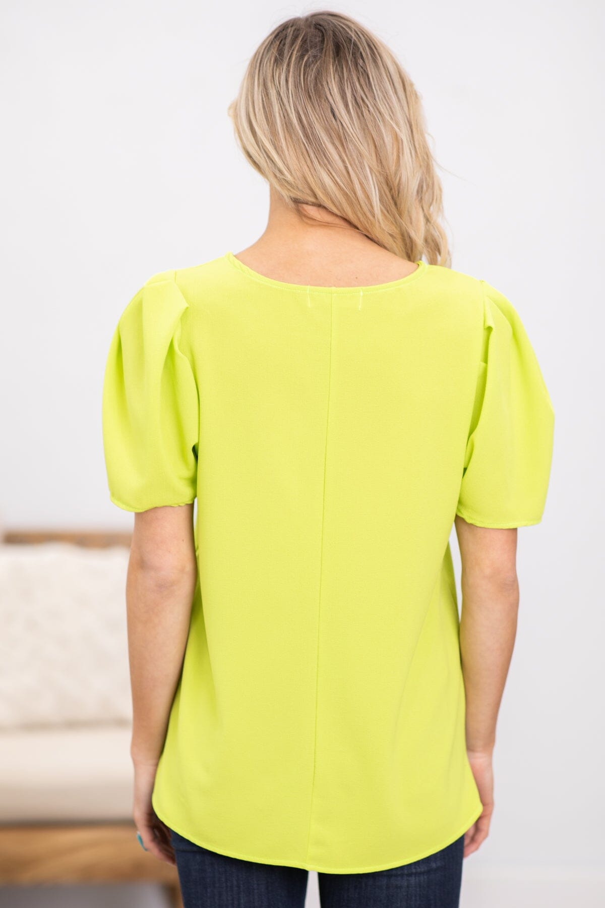 Neon Green Ruched Puff Sleeve Top - Filly Flair