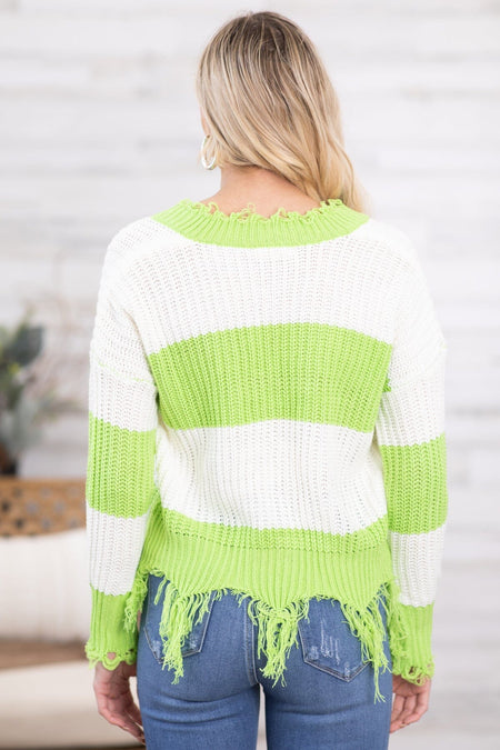 Neon Green and Ivory Fringe Hem Stripe Sweater - Filly Flair