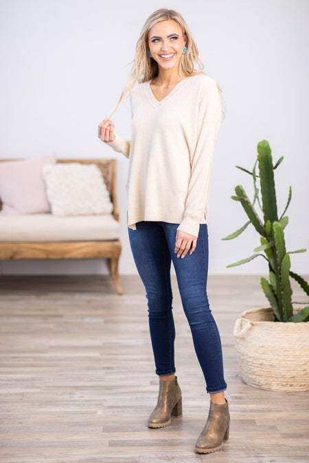 Oatmeal Drop Shoulder Lightweight Sweater - Filly Flair