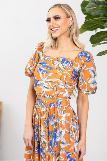 Orange and Cobalt Floral Square Neck Top - Filly Flair