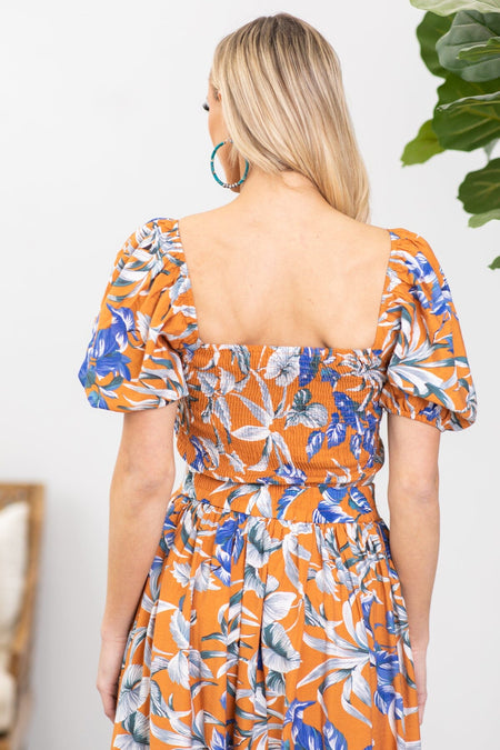 Orange and Cobalt Floral Square Neck Top - Filly Flair