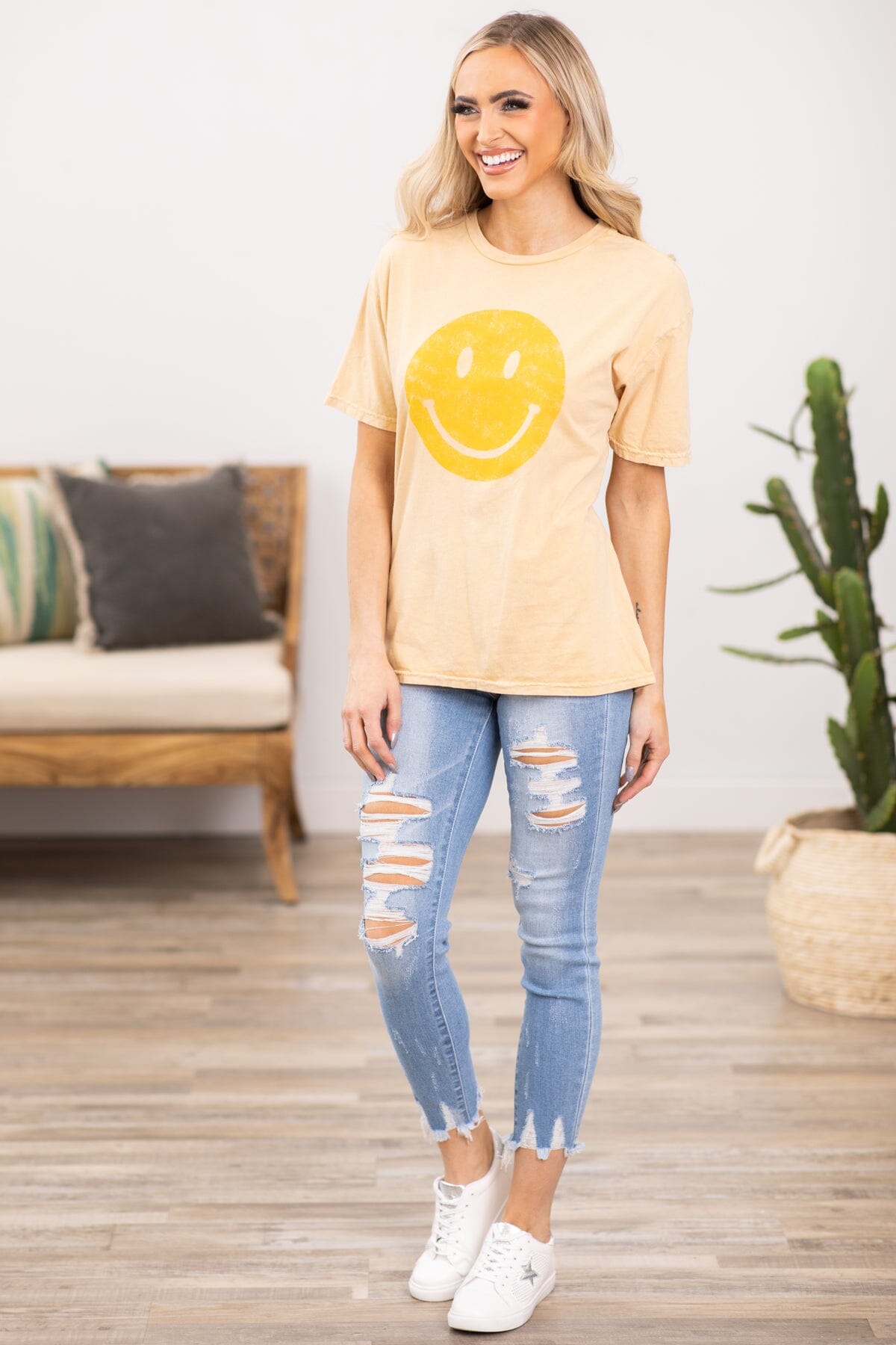 Pastel Yellow Smiley Face Graphic Tee - Filly Flair