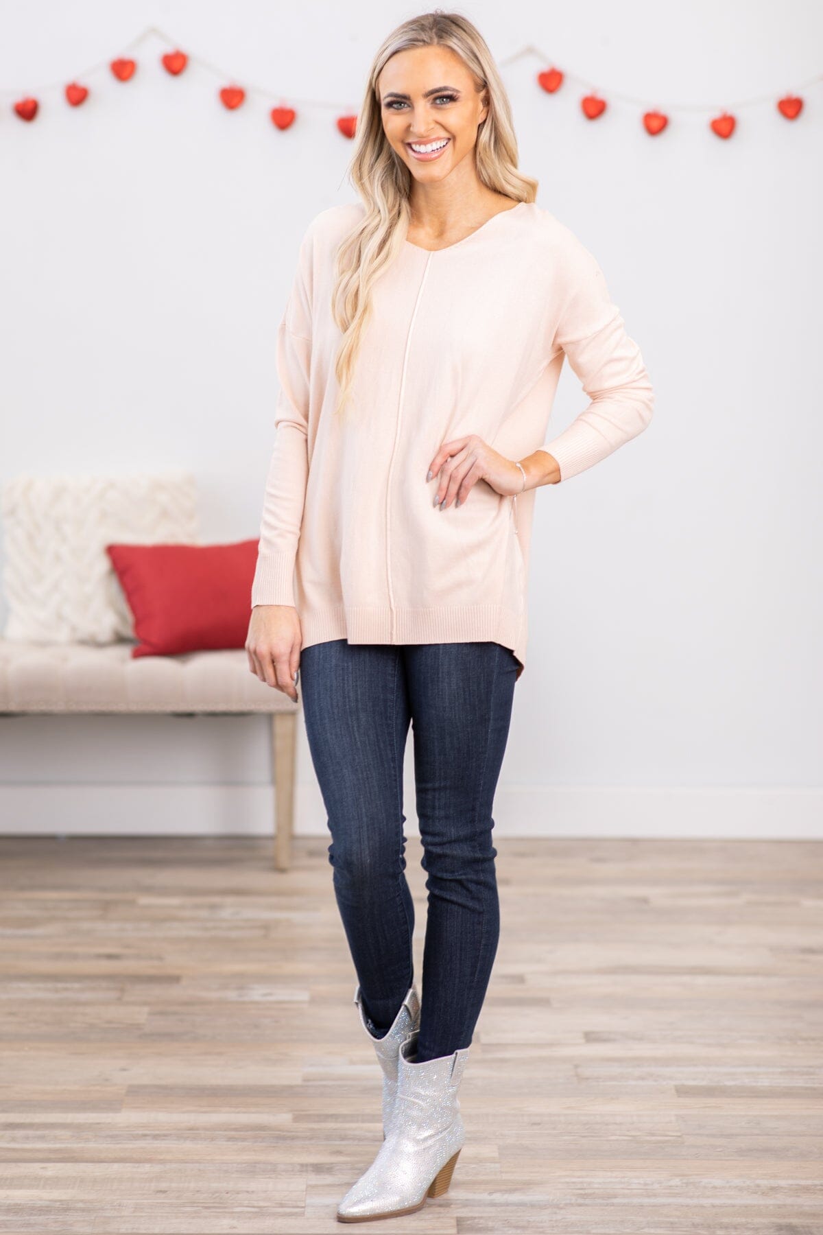 Peach V-Neck Front Seam Sweater - Filly Flair