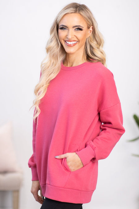 Raspberry Crew Neck Sweatshirt With Pockets - Filly Flair