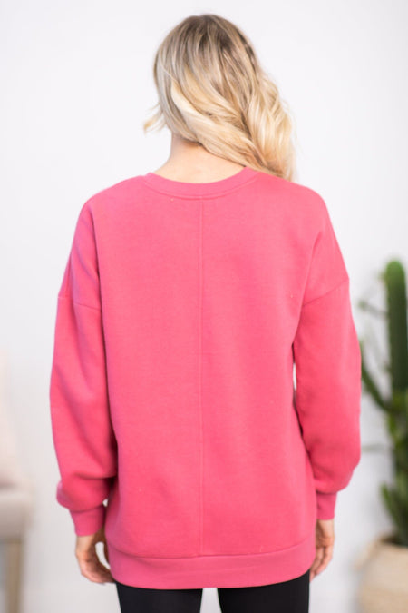 Raspberry Crew Neck Sweatshirt With Pockets - Filly Flair