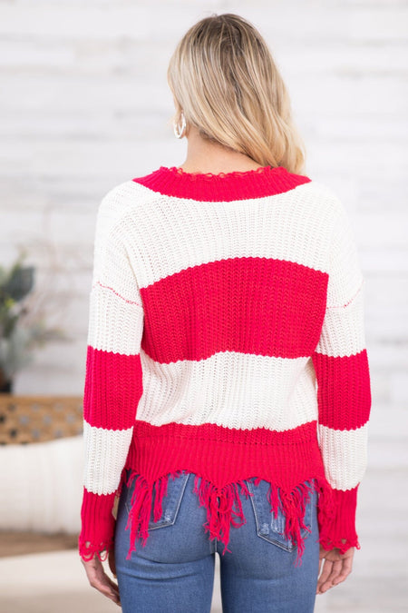 Raspberry and Ivory Fringe Hem Stripe Sweater - Filly Flair