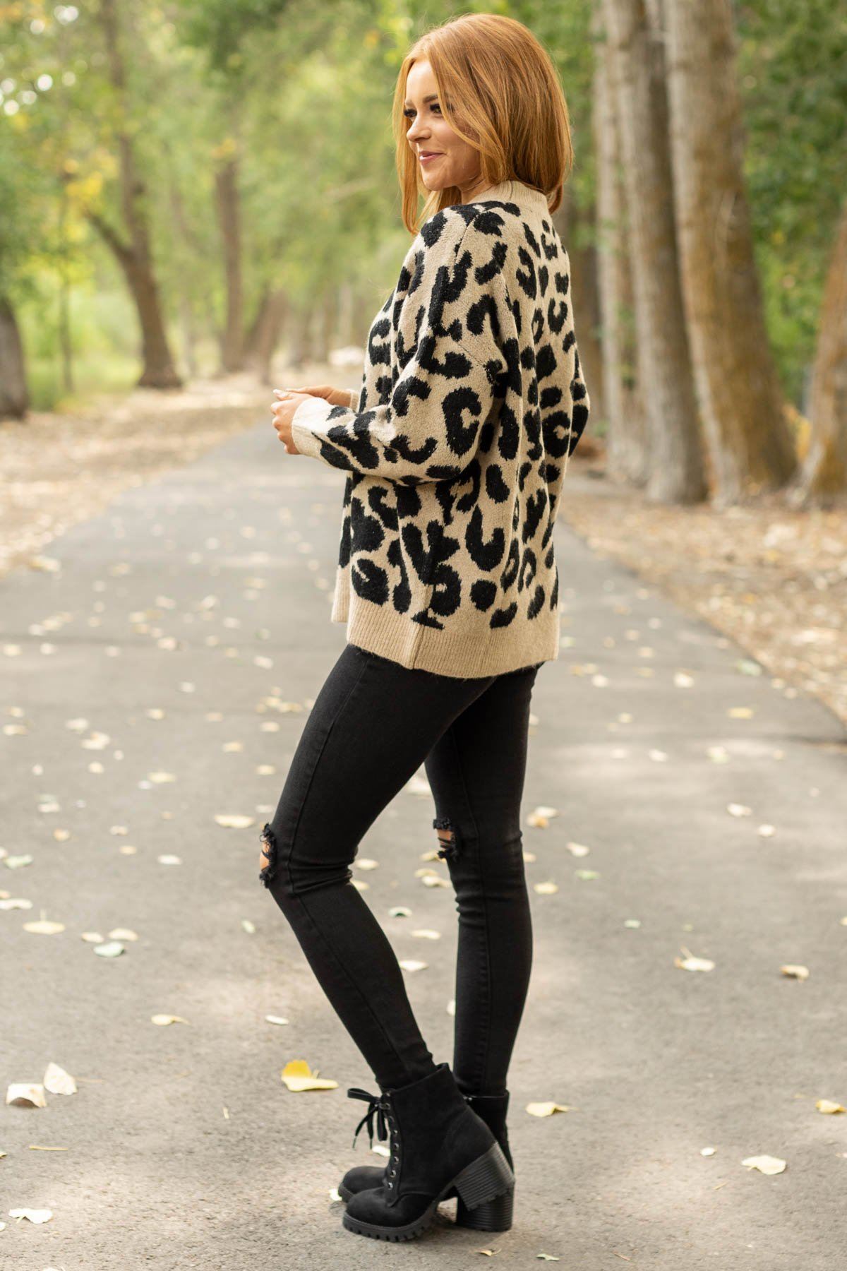 Tan and Black Animal Print Mock Neck Sweater - Filly Flair