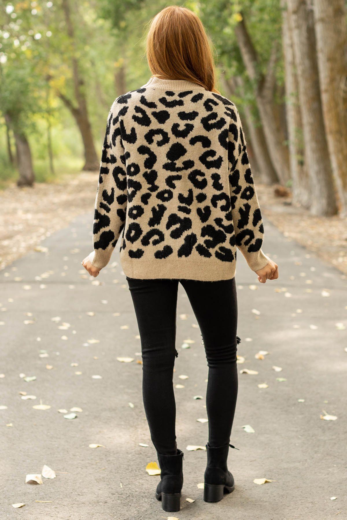 Tan and Black Animal Print Mock Neck Sweater - Filly Flair