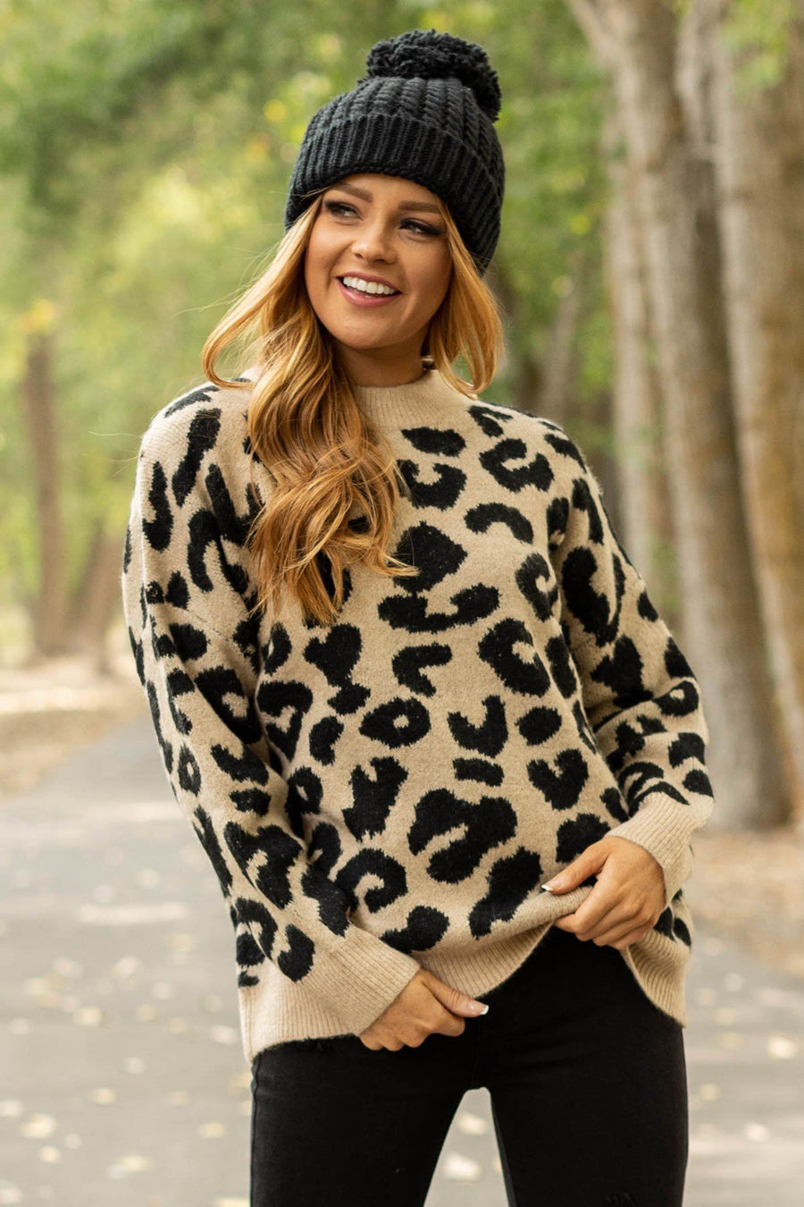 Tan and Black Animal Print Mock Neck Sweater - Filly Flair