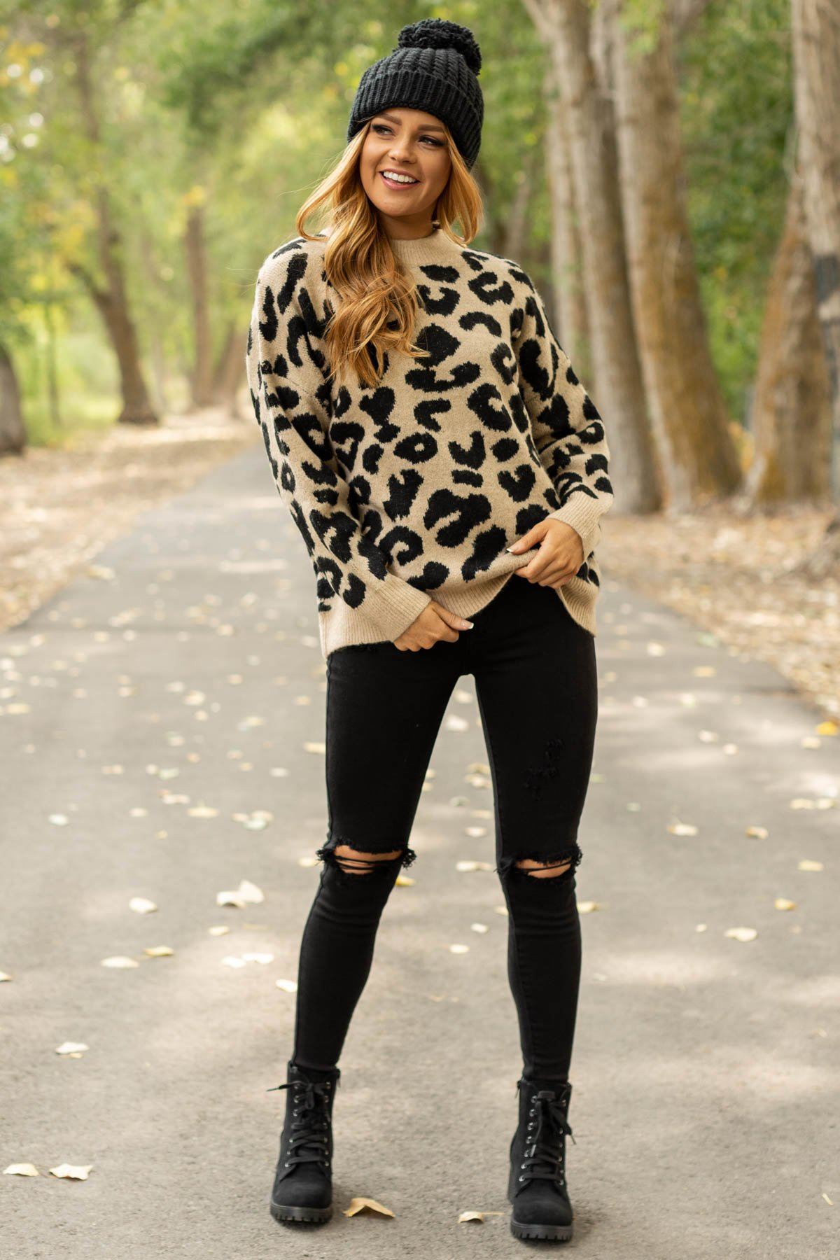 Tan and Black Animal Print Mock Neck Sweater - Filly Flair