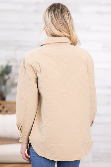 Tan Quilted Dolphin Hem Shacket - Filly Flair