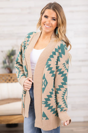 Tan and Teal Aztec Print Rib Trim Cardigan - Filly Flair