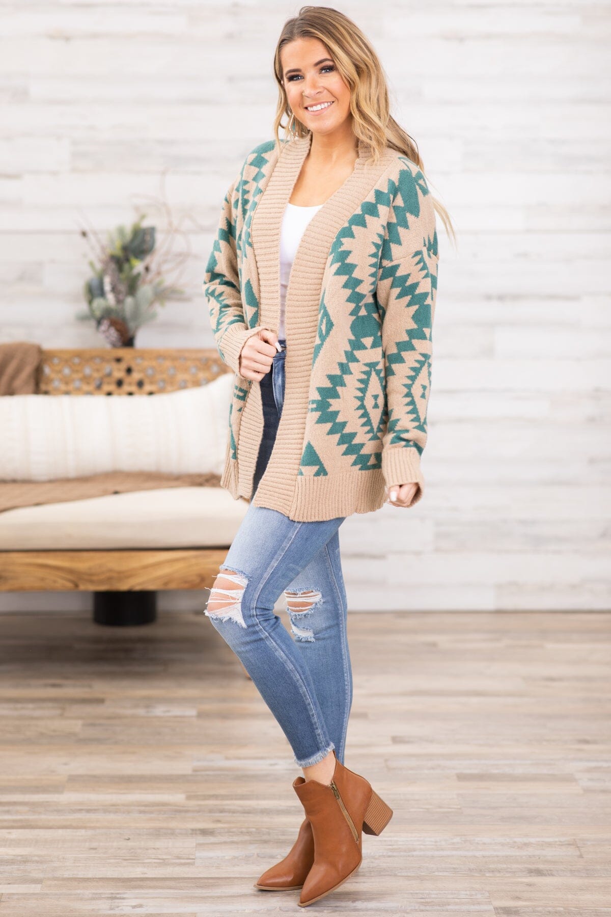 Tan and Teal Aztec Print Rib Trim Cardigan