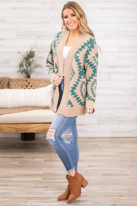 Tan and Teal Aztec Print Rib Trim Cardigan - Filly Flair