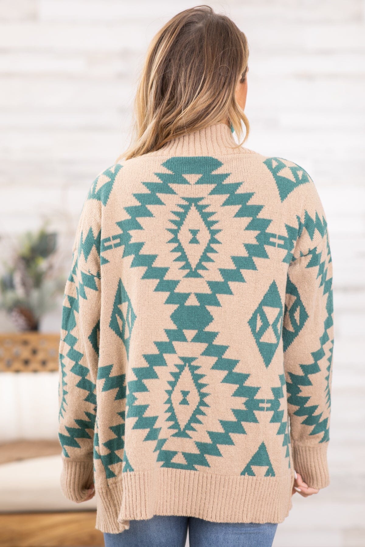 Tan and Teal Aztec Print Rib Trim Cardigan