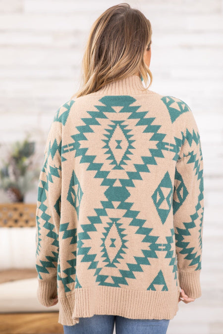 Tan and Teal Aztec Print Rib Trim Cardigan - Filly Flair