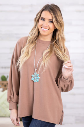 Taupe Drop Shoulder Balloon Sleeve Top - Filly Flair