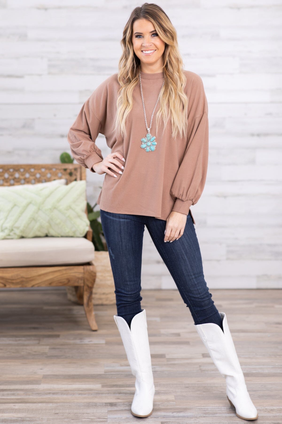 Taupe Drop Shoulder Balloon Sleeve Top - Filly Flair