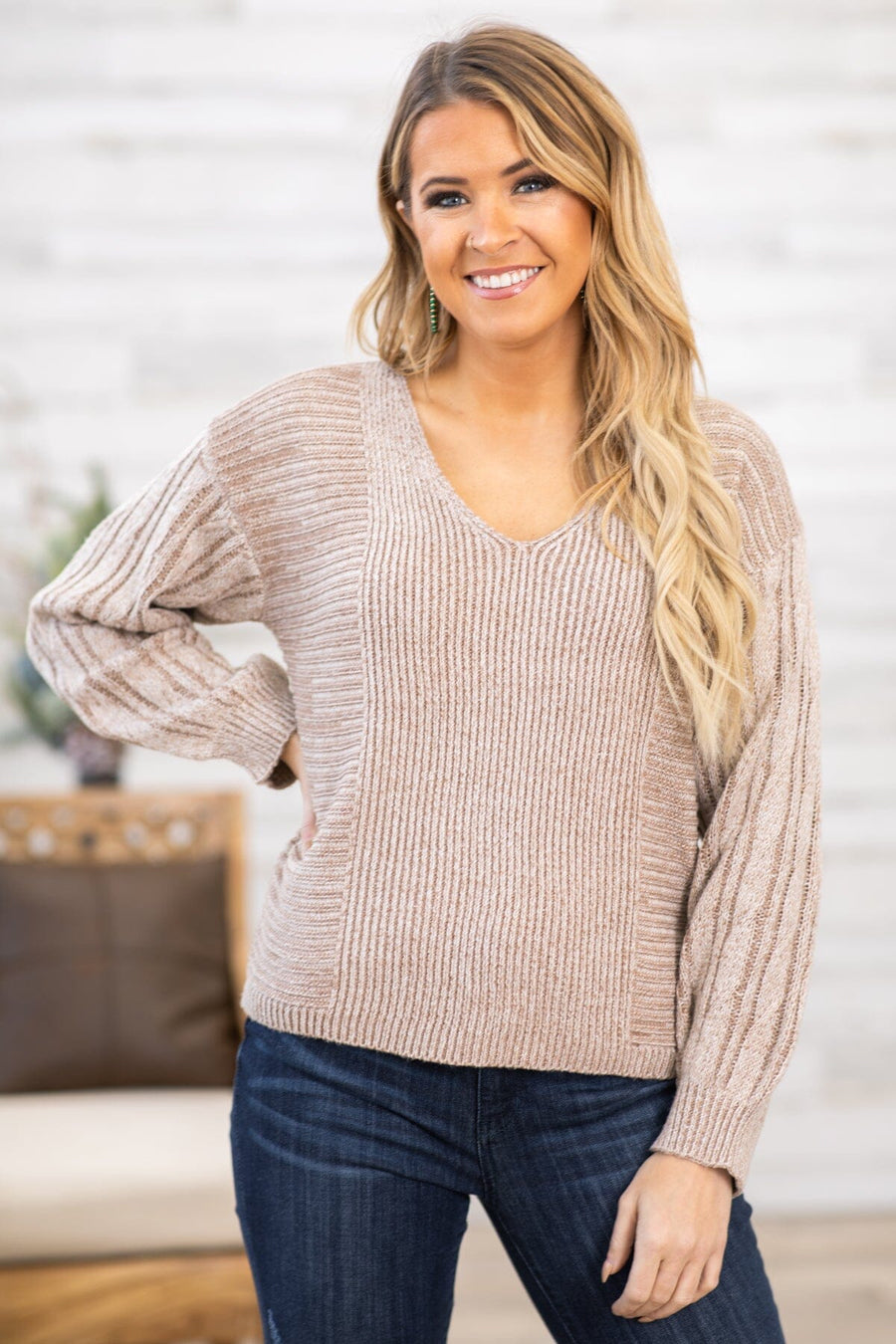 Taupe Ribbed Cable Knit Sleeve Sweater - Filly Flair