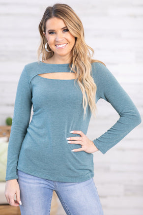 Teal Long Sleeve Top With Cutout Detail - Filly Flair