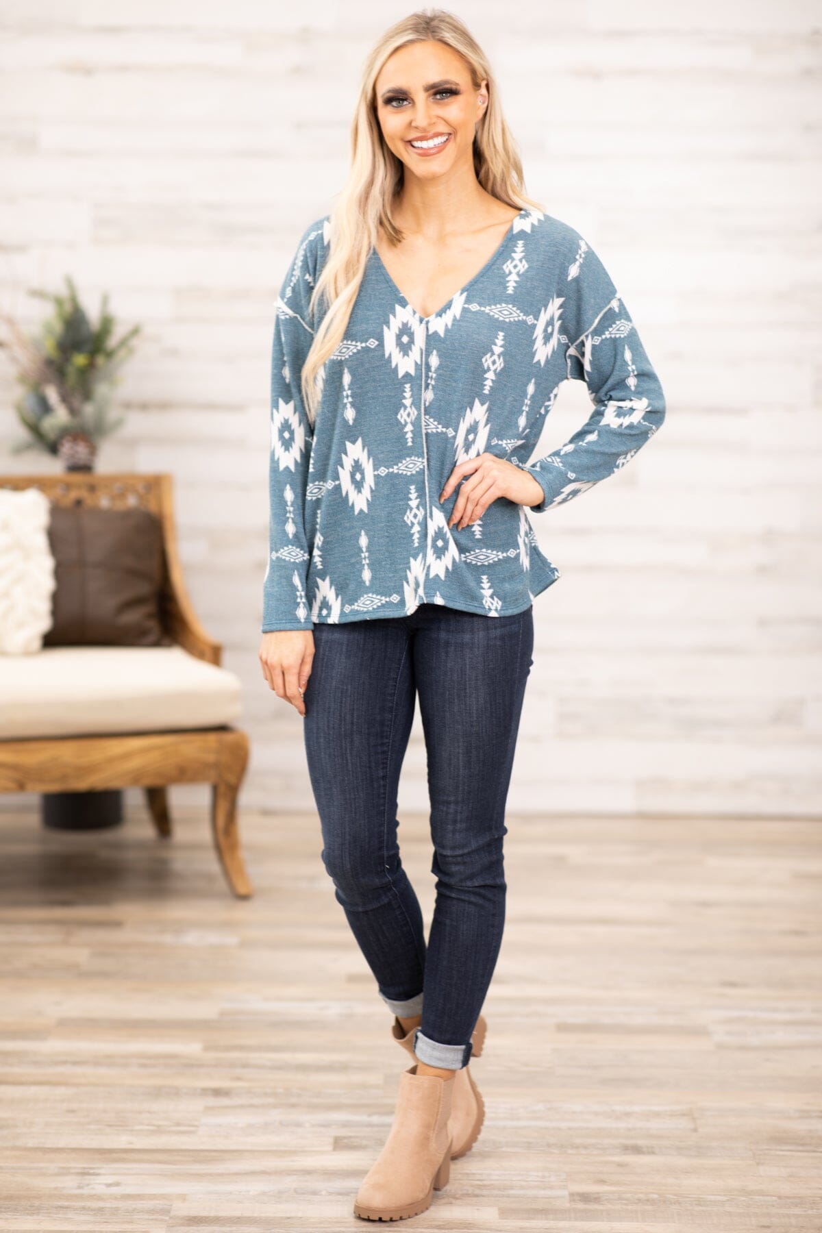 Teal and Off White Aztec Print V-Neck Top - Filly Flair