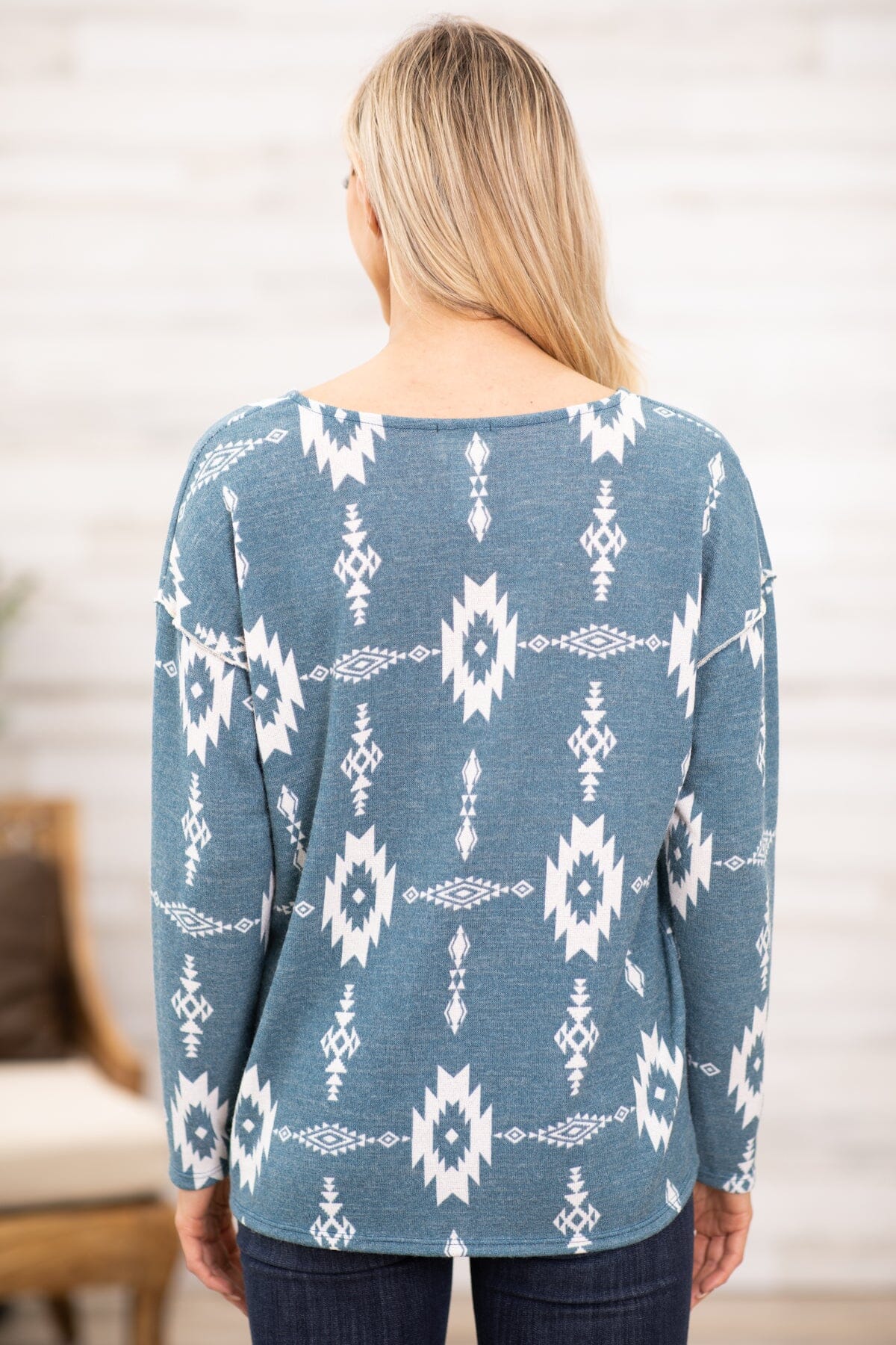 Teal and Off White Aztec Print V-Neck Top - Filly Flair