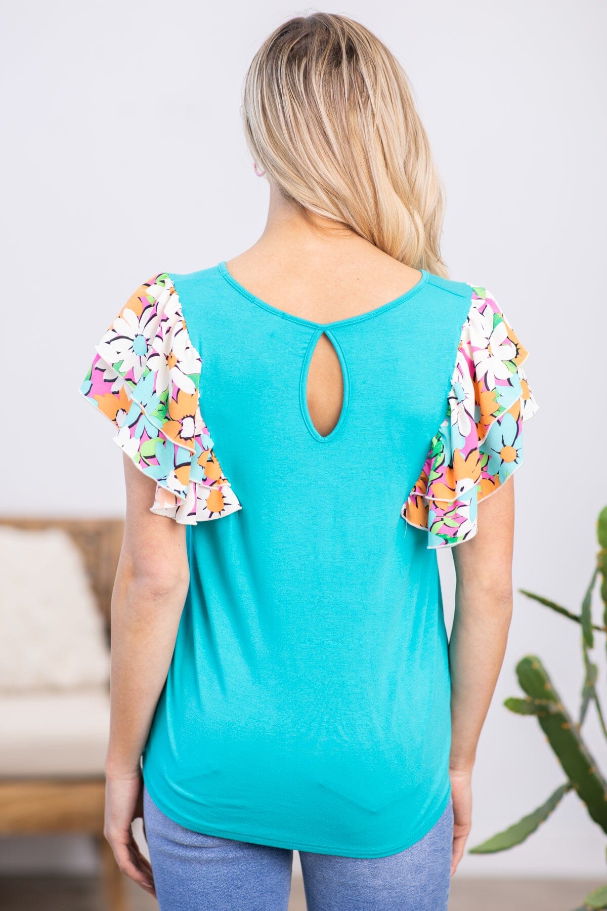 Turquoise Floral Print Flutter Sleeve Top - Filly Flair