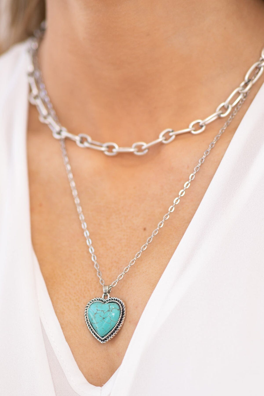 Turquoise Heart Pendant Two Strand Necklace - Filly Flair