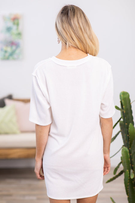 White Ribbed Knit V-Neck T-Shirt Dress - Filly Flair